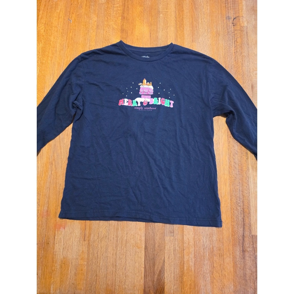 Simply Southern Youth Large Navy Stay Merry & Bright Holiday Long Sleeve Top